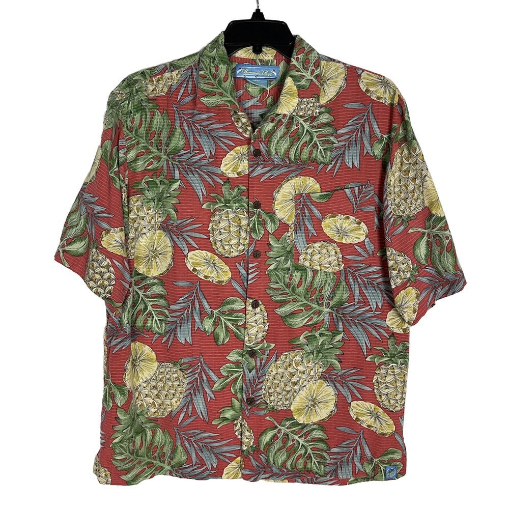 Bermuda‎ Bay Shirt Men Size M Silk Tropical Hawaiian Pineapple Print Floral
